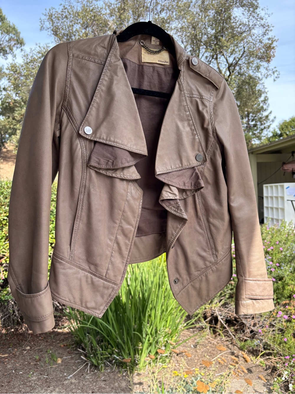 William Rast Taupe Faux Leather Ruffle Moto Jacket